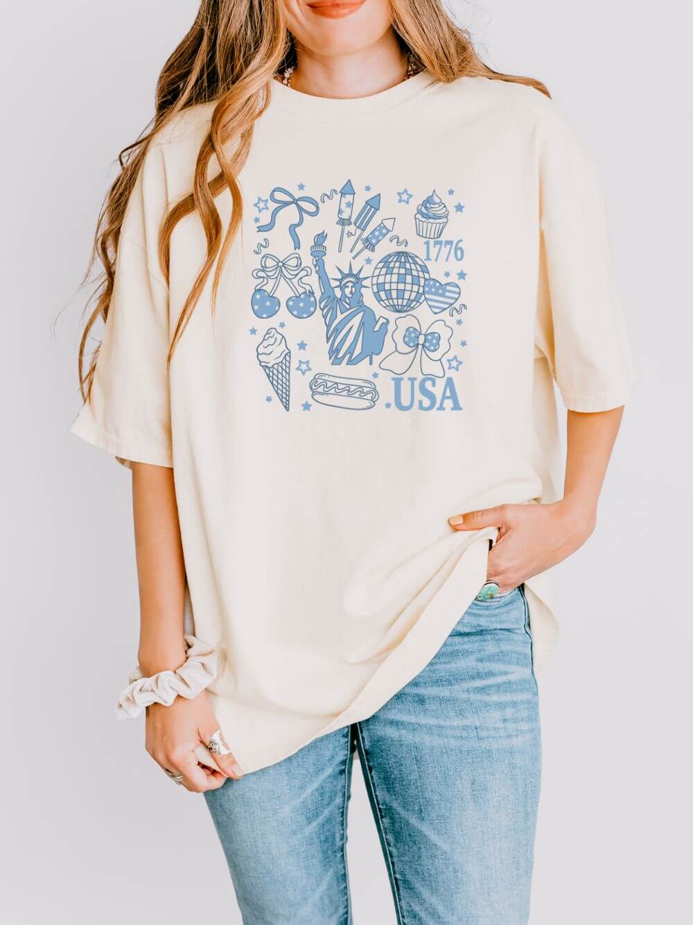 Patriotic Retro Doodles 4th of July Summer Unisex Comfort Colors Graphic T-Shirt - Sydney So Sweet