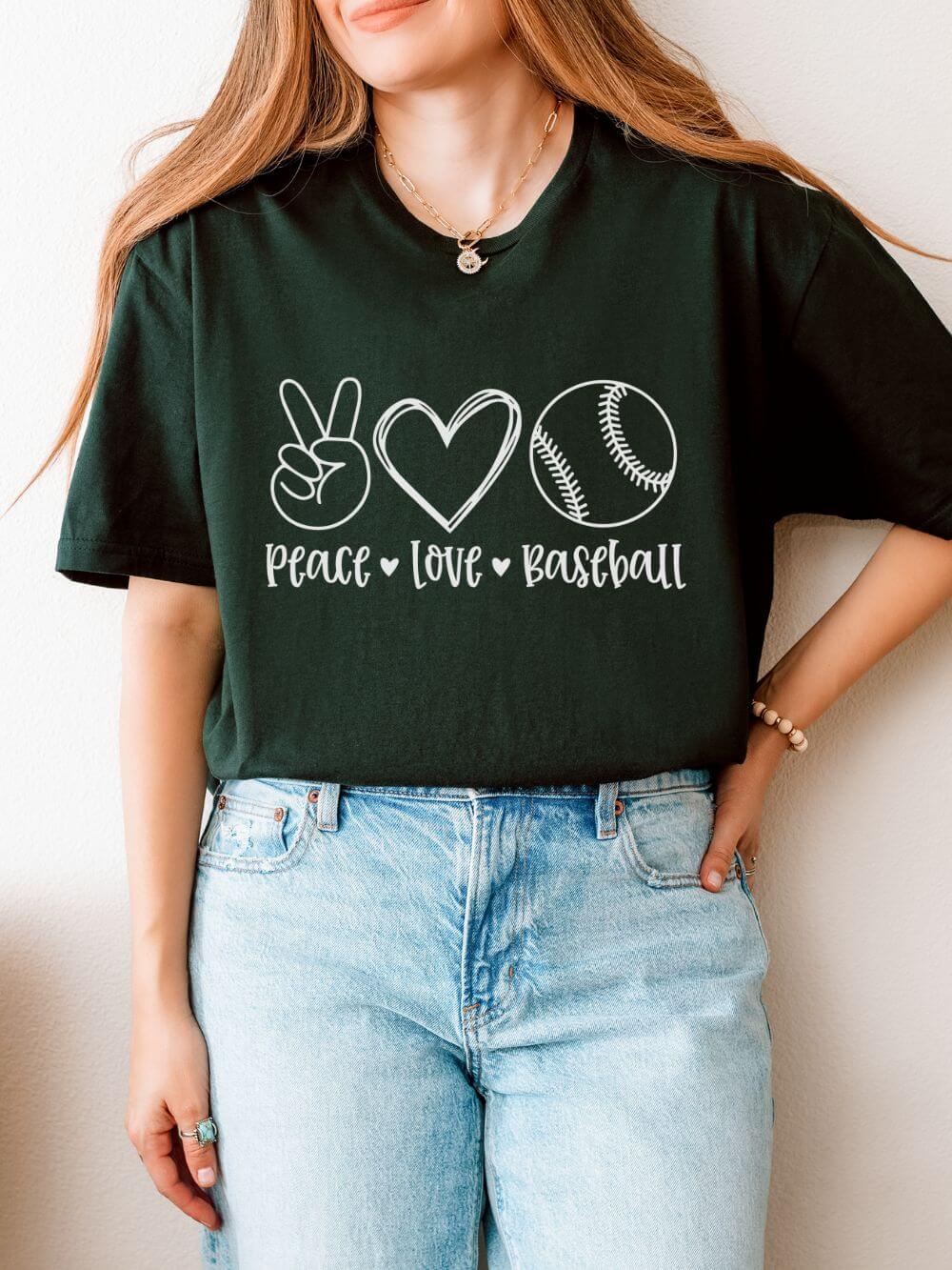 Peace Love Baseball Graphic T-Shirt Cute Sports Mom Tee (12 Team Colors)