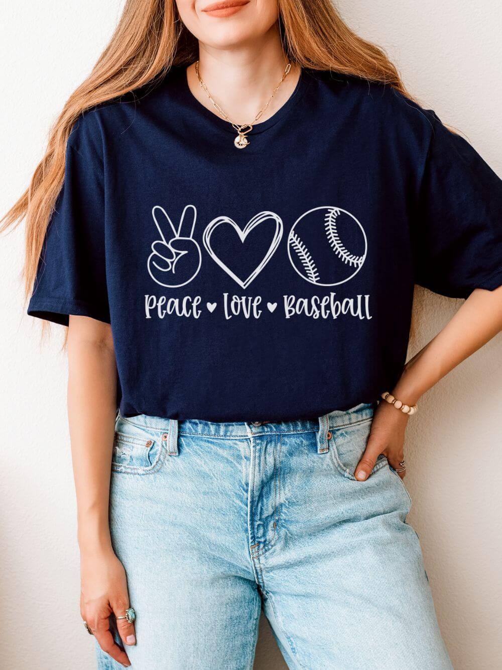 Peace Love Baseball Graphic T-Shirt Cute Sports Mom Tee (12 Team Colors)