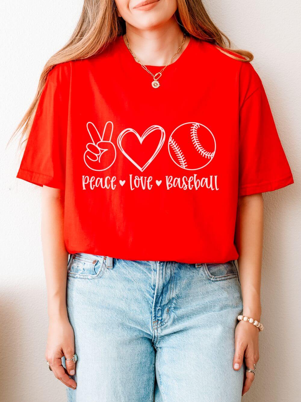 Peace Love Baseball Graphic T-Shirt Cute Sports Mom Tee (12 Team Colors)