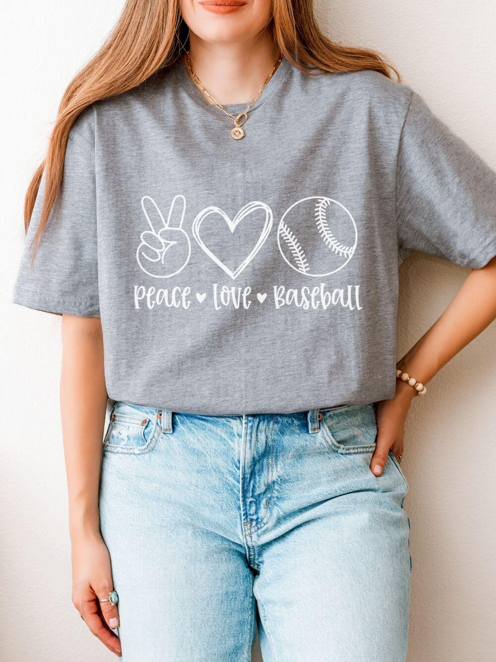 Peace Love Baseball Graphic T-Shirt Cute Sports Mom Tee (12 Team Colors)