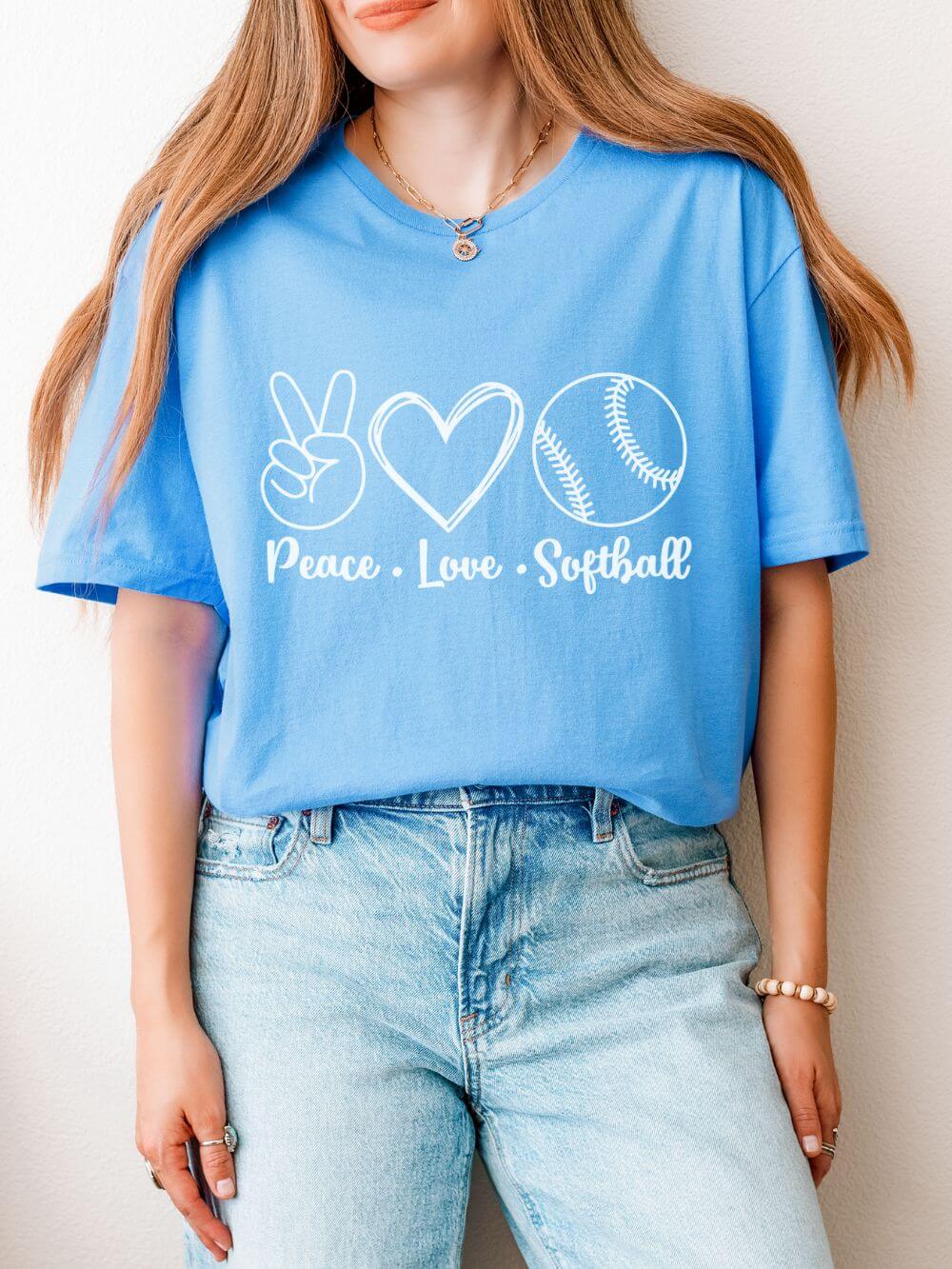 Peace Love Softball Repeat Graphic T-Shirt Cute Sports Mom Tee (12 Team Colors)