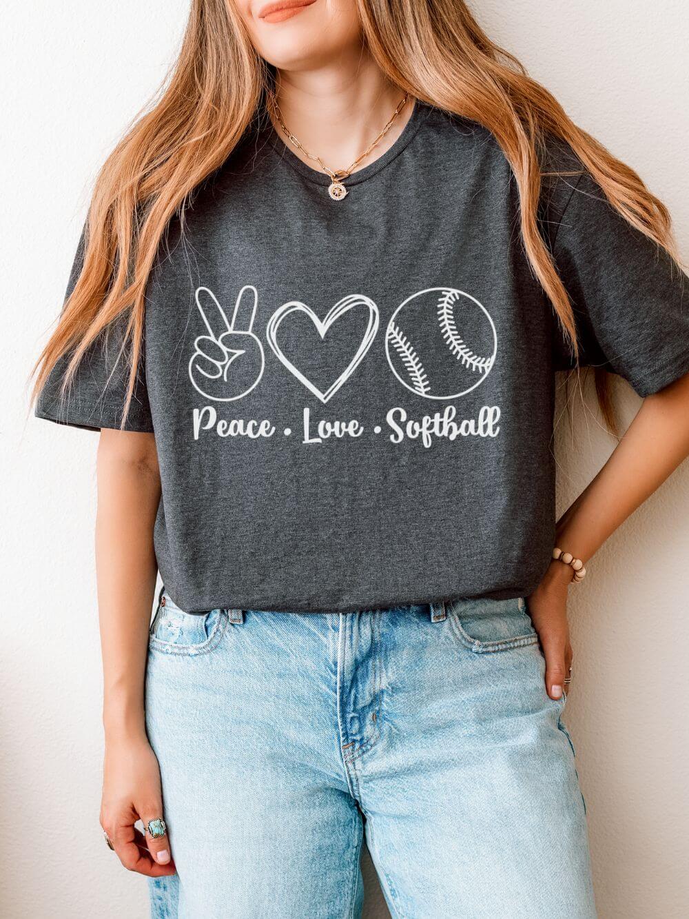Peace Love Softball Repeat Graphic T-Shirt Cute Sports Mom Tee (12 Team Colors)