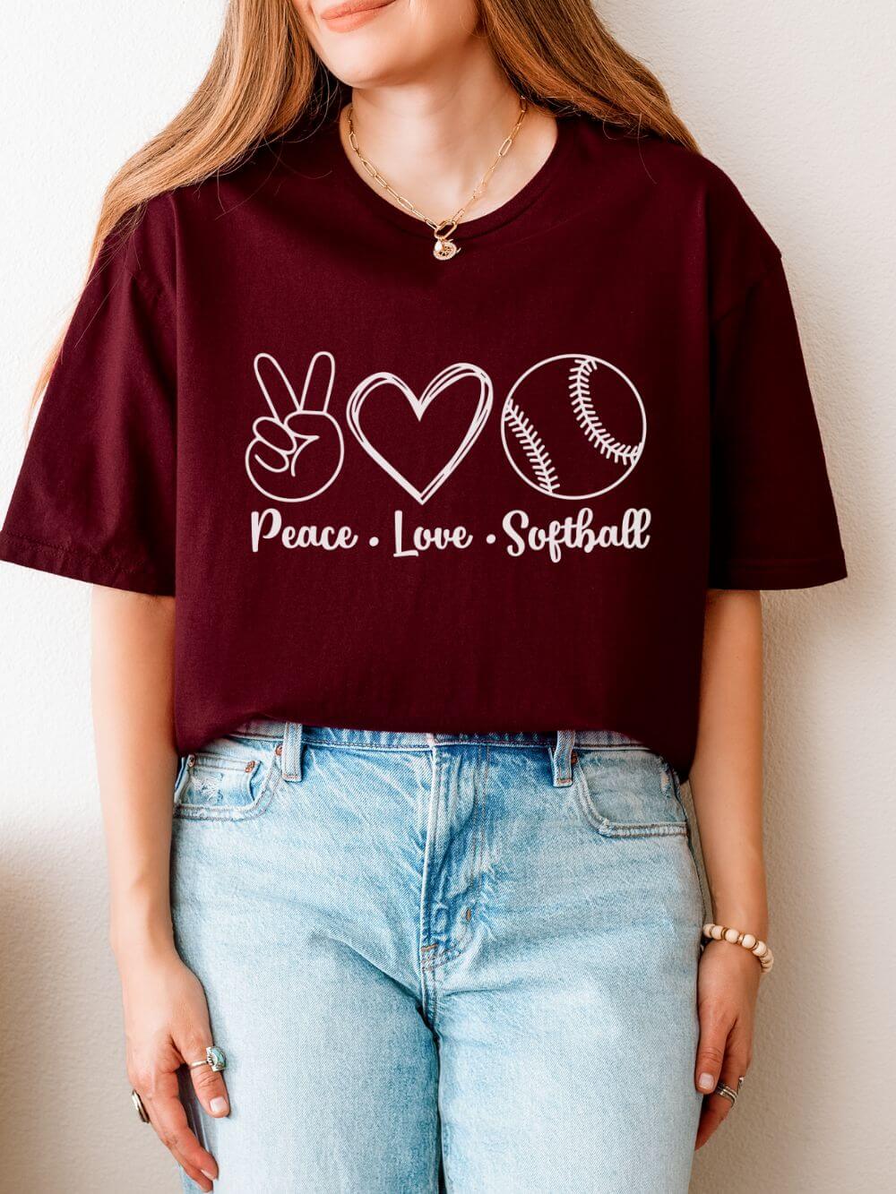 Peace Love Softball Repeat Graphic T-Shirt Cute Sports Mom Tee (12 Team Colors)