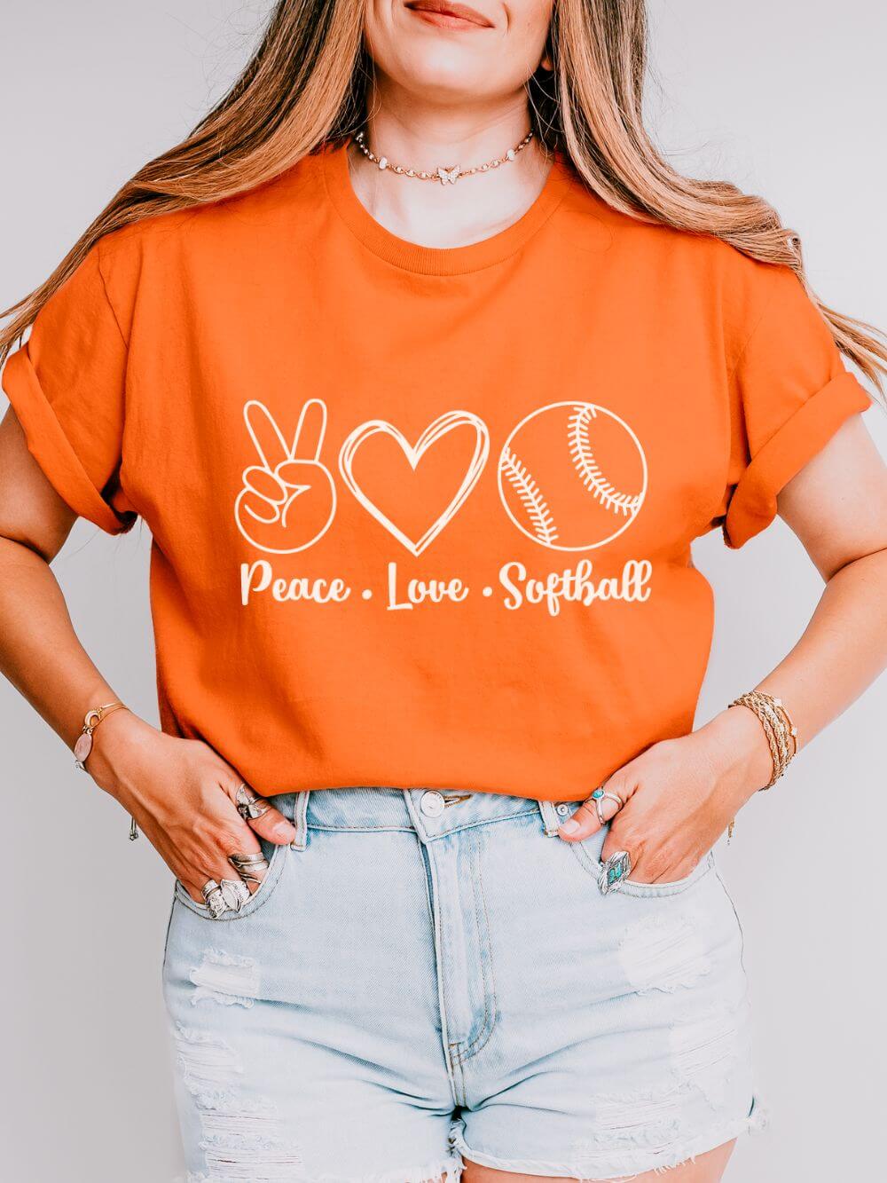 Peace Love Softball Repeat Graphic T-Shirt Cute Sports Mom Tee (12 Team Colors)