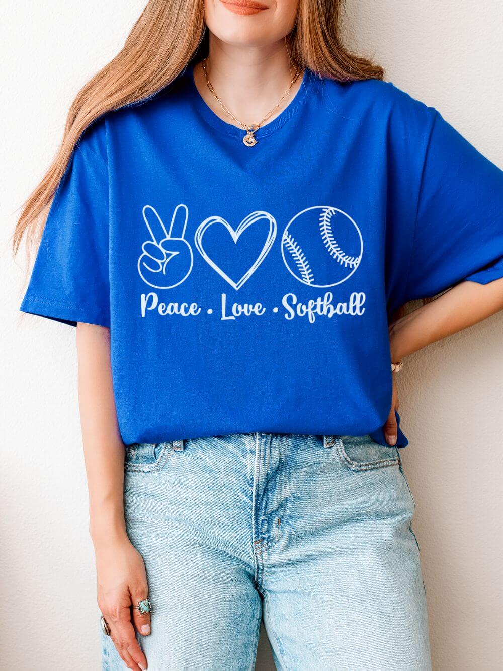 Peace Love Softball Repeat Graphic T-Shirt Cute Sports Mom Tee (12 Team Colors)