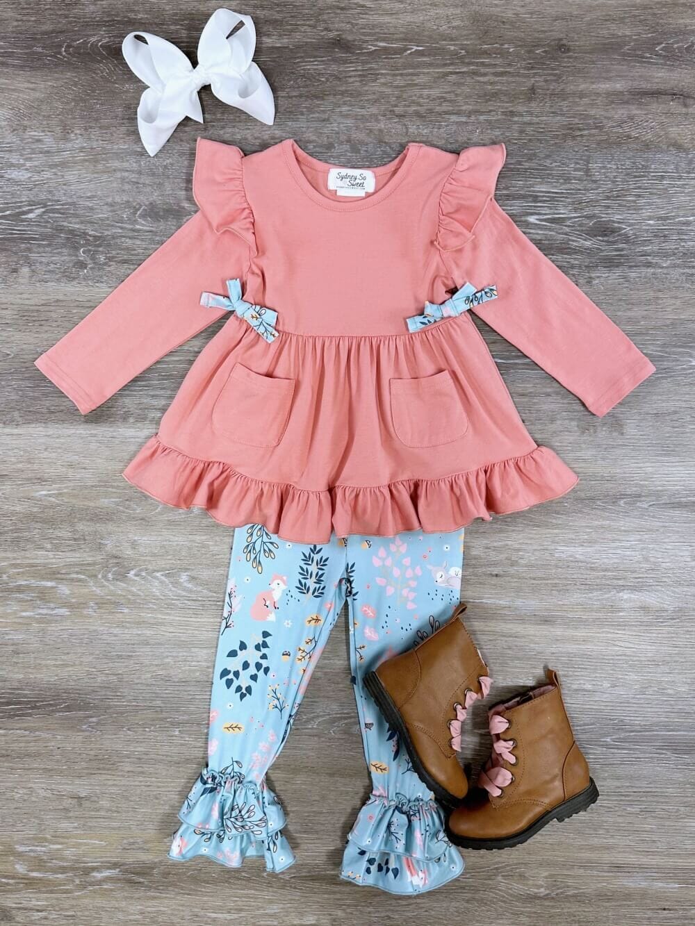 Peach &amp; Blue Floral Ruffle Tunic Leggings Outfit - Sydney So Sweet