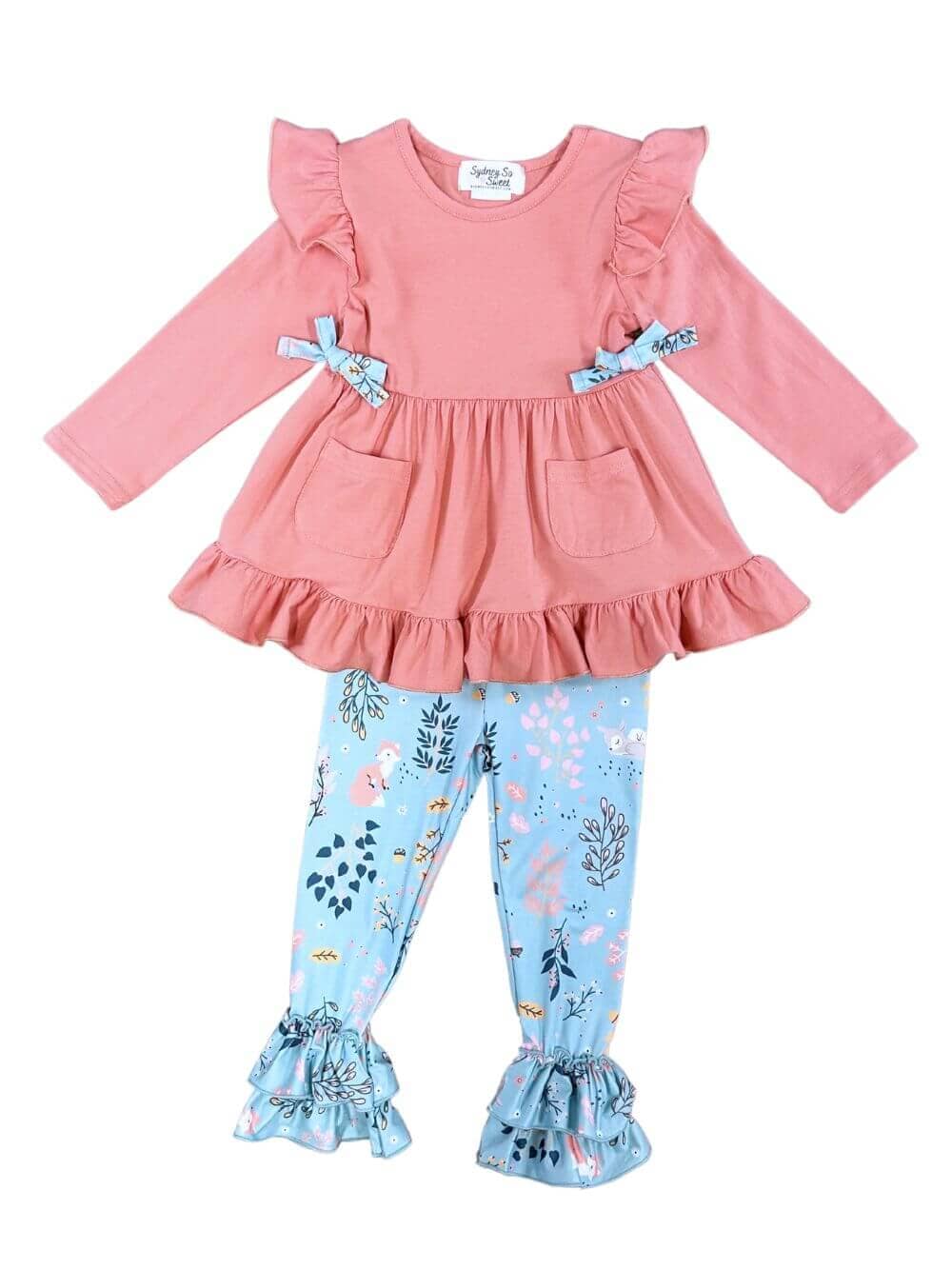 Peach & Blue Floral Ruffle Tunic Leggings Outfit - Sydney So Sweet