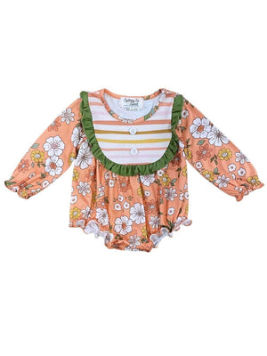 Peach & Green Retro Floral Girls Ruffle Baby Romper - Sydney So Sweet