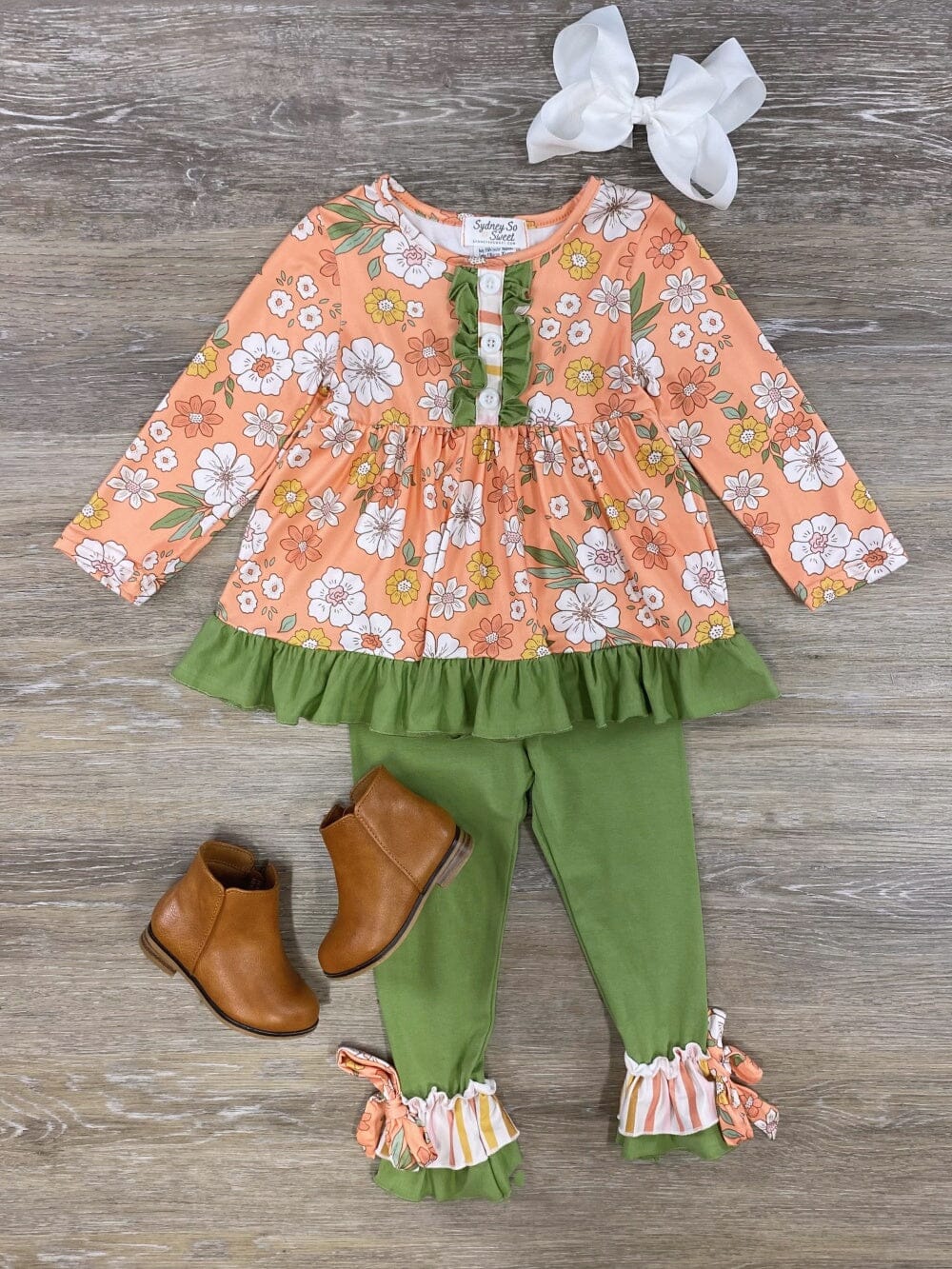 Peach &amp; Green Retro Floral Girls Ruffle Trim Outfit - Sydney So Sweet