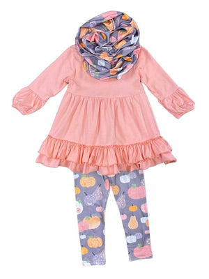 Peachy Pink Pumpkin Girls 3 Piece Scarf Outfit - Sydney So Sweet