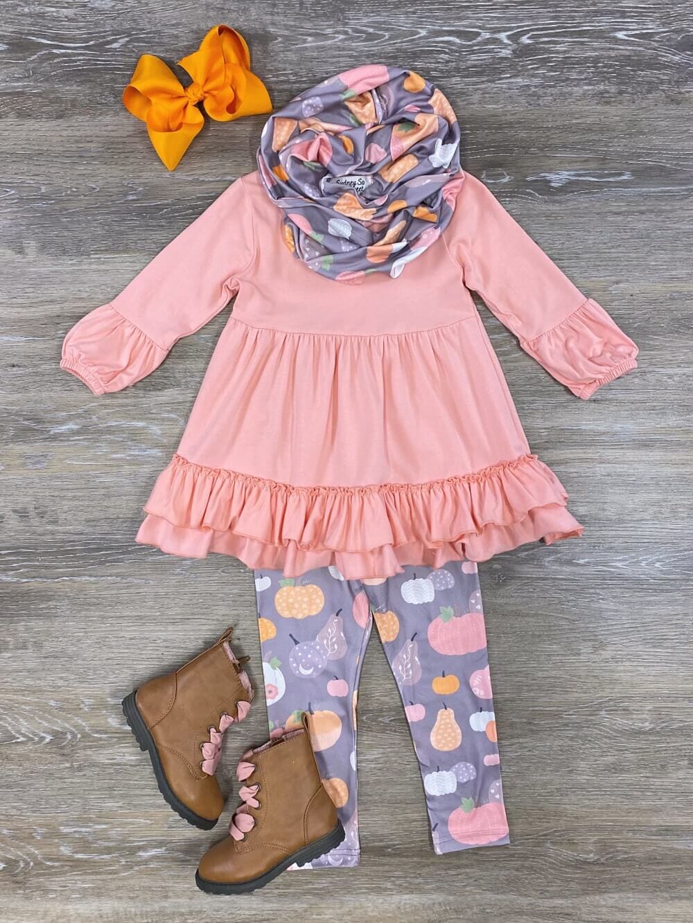 Peachy Pink Pumpkin Girls 3 Piece Scarf Outfit - Sydney So Sweet