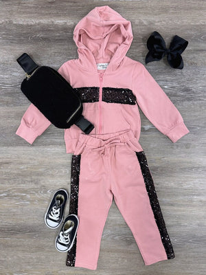 Peachy Pink & Black Sequin Girls  Hoodie Jogger Outfit - Sydney So Sweet