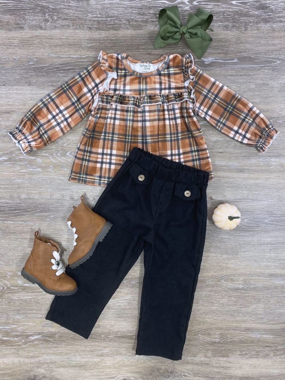 Perfect Fall Velvet Plaid & Corduroy Girls Tunic Top Outfit
