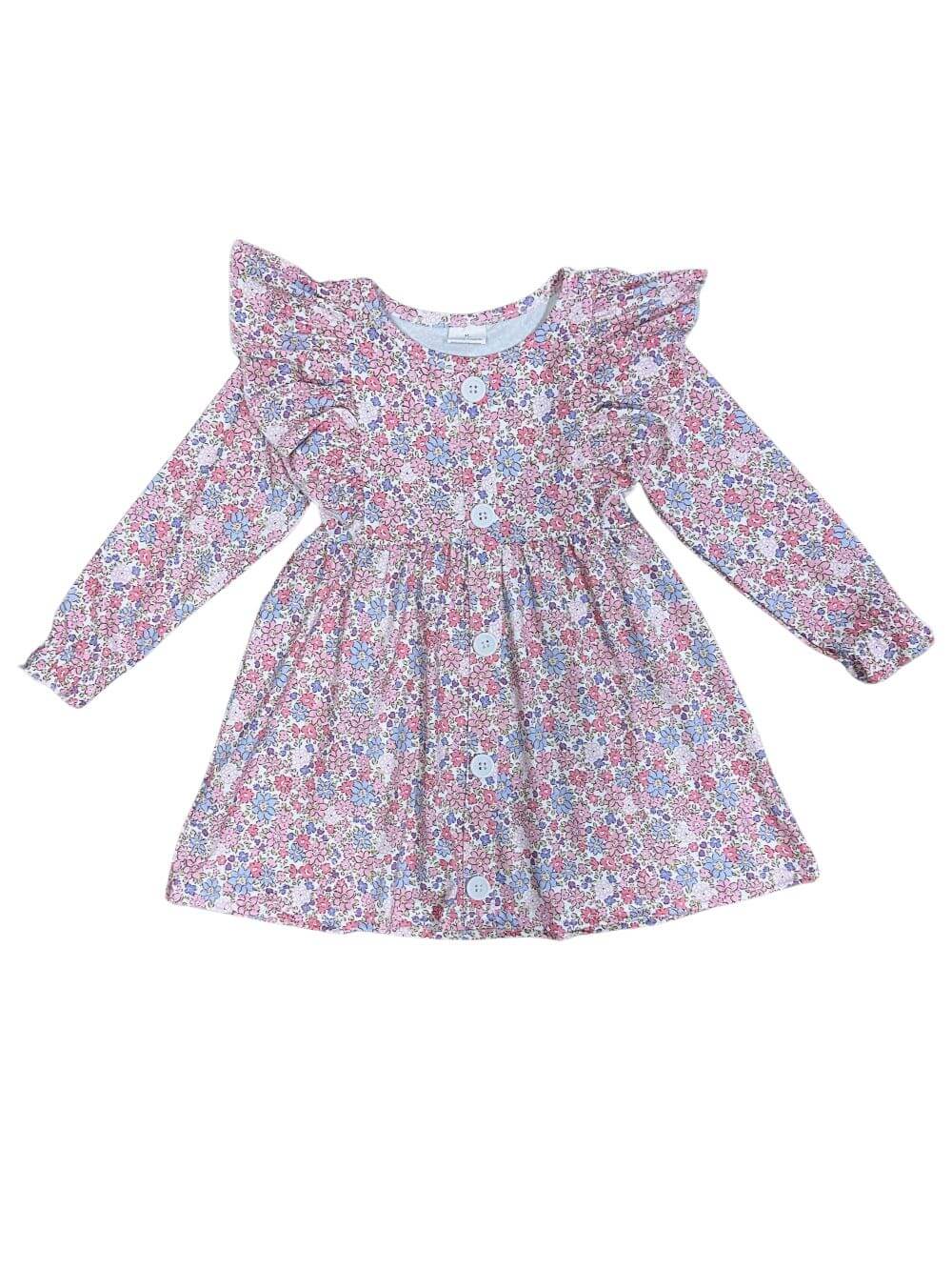 Petite Florals Pink Girls Ruffle Shoulder Long Sleeve Dress - Sydney So Sweet