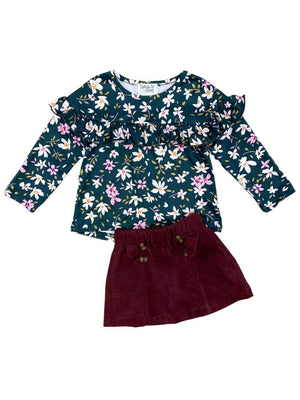 Pine Green Floral & Burgundy Girls Skirt Set - Sydney So Sweet
