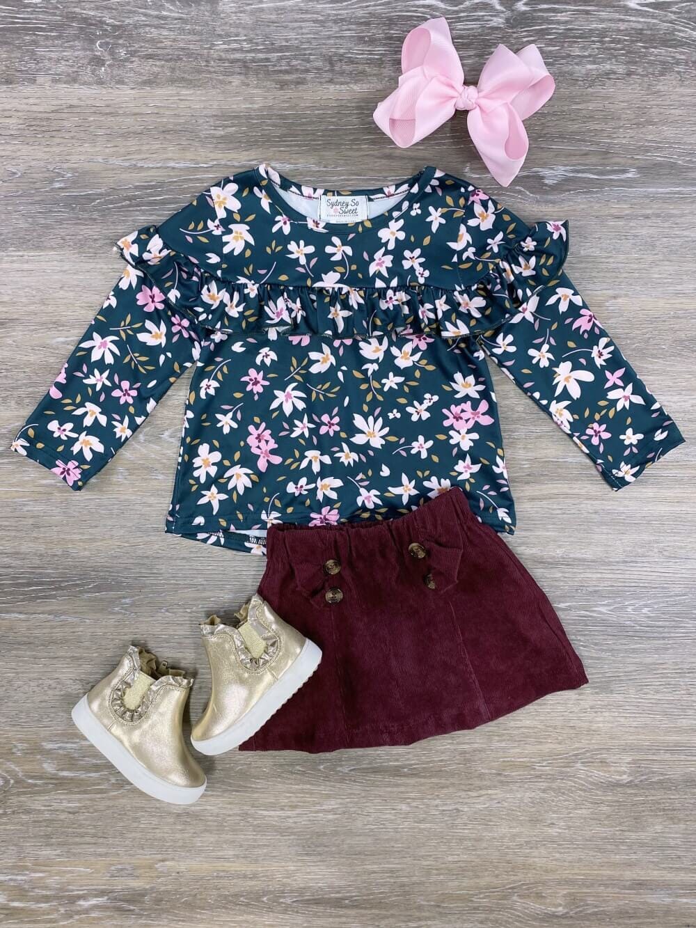 Pine Green Floral &amp; Burgundy Girls Skirt Set - Sydney So Sweet