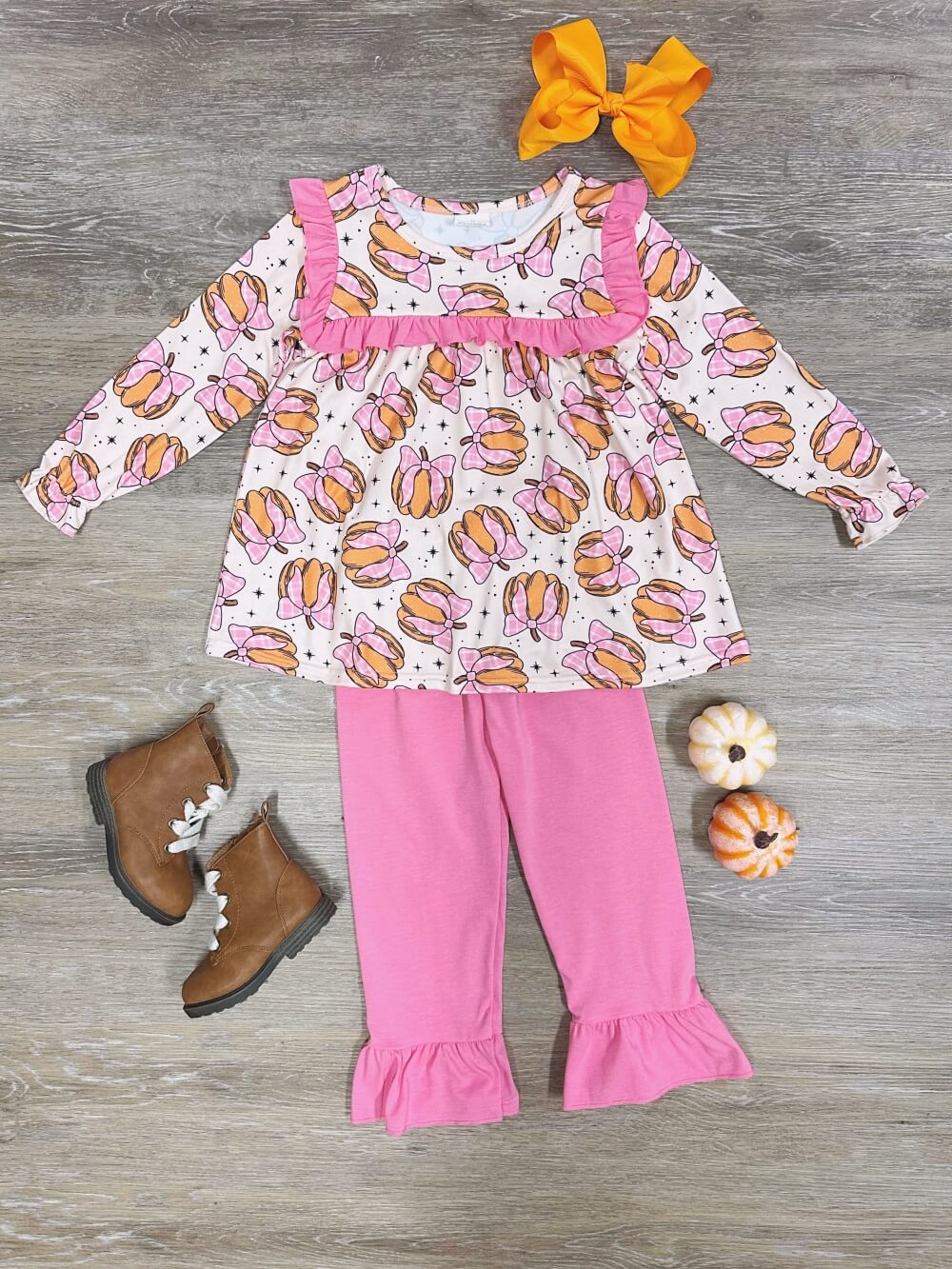 Pink Bow Pumpkin Charm Girls Fall Outfit - Sydney So Sweet