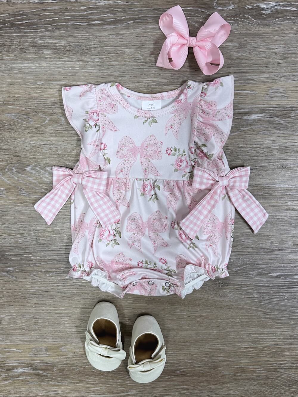 Pink Bows & Florals Girls Baby Ruffle Romper - Sydney So Sweet