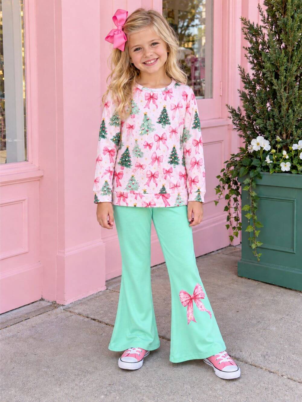 Pink Coquette Bow Christmas Tree Girls Flare Pants Outfit