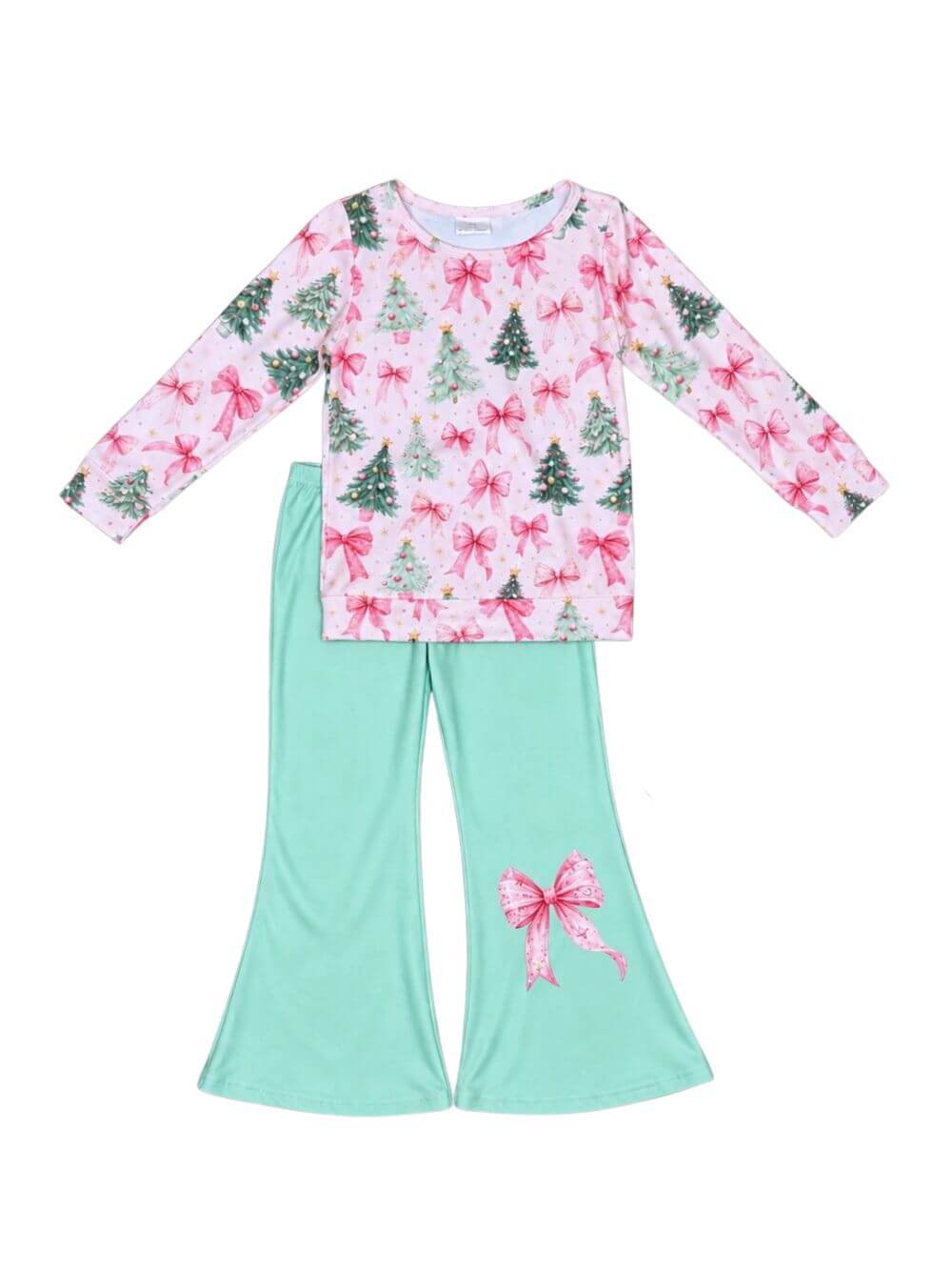 Pink Coquette Bow Christmas Tree Girls Flare Pants Outfit