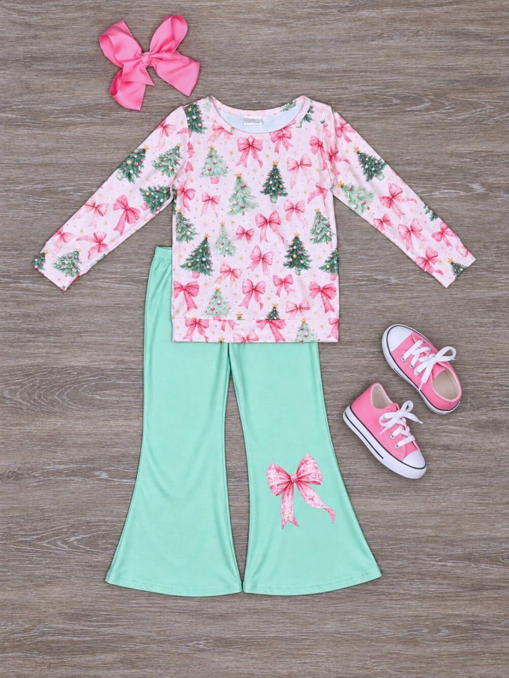 Pink Coquette Bow Christmas Tree Girls Flare Pants Outfit