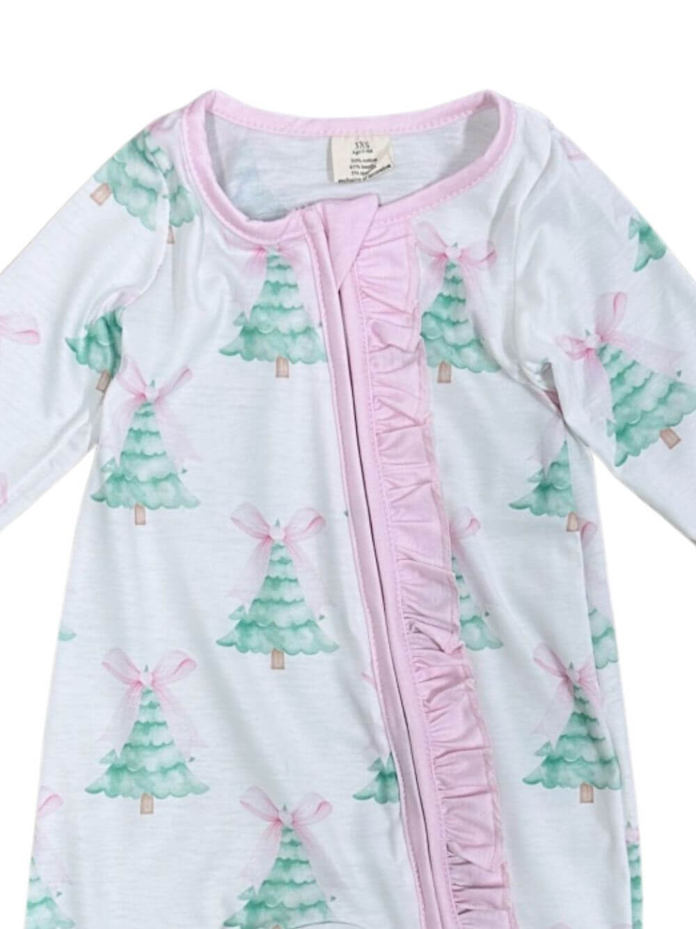 Pink Coquette Bow Christmas Tree Girls Zip Up Baby Romper - Sydney So Sweet