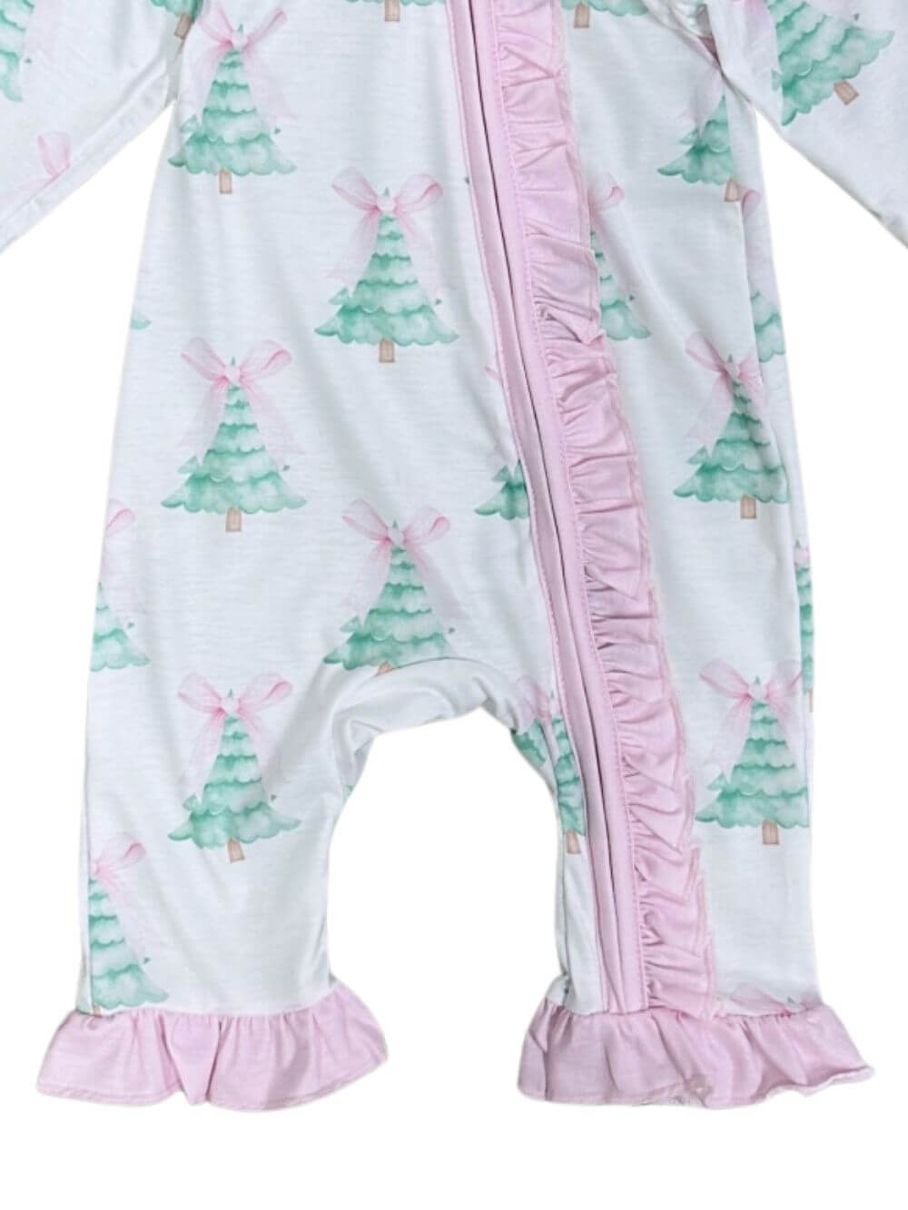 Pink Coquette Bow Christmas Tree Girls Zip Up Baby Romper - Sydney So Sweet