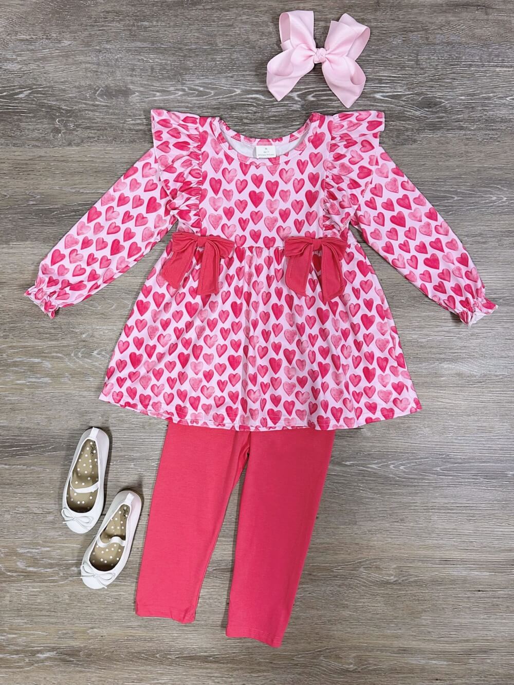 Pink Hearts &amp; Bows Ruffle Tunic Top &amp; Leggings Girls Outfit - Sydney So Sweet