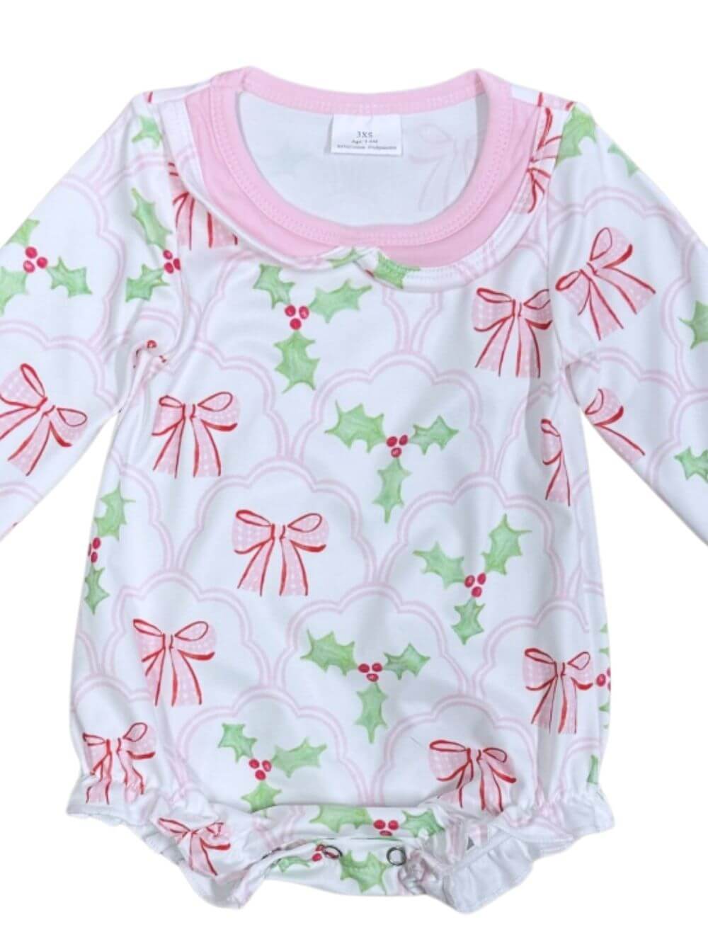 Pink Holly Bows Girls Christmas Baby Bubble Romper - Sydney So Sweet