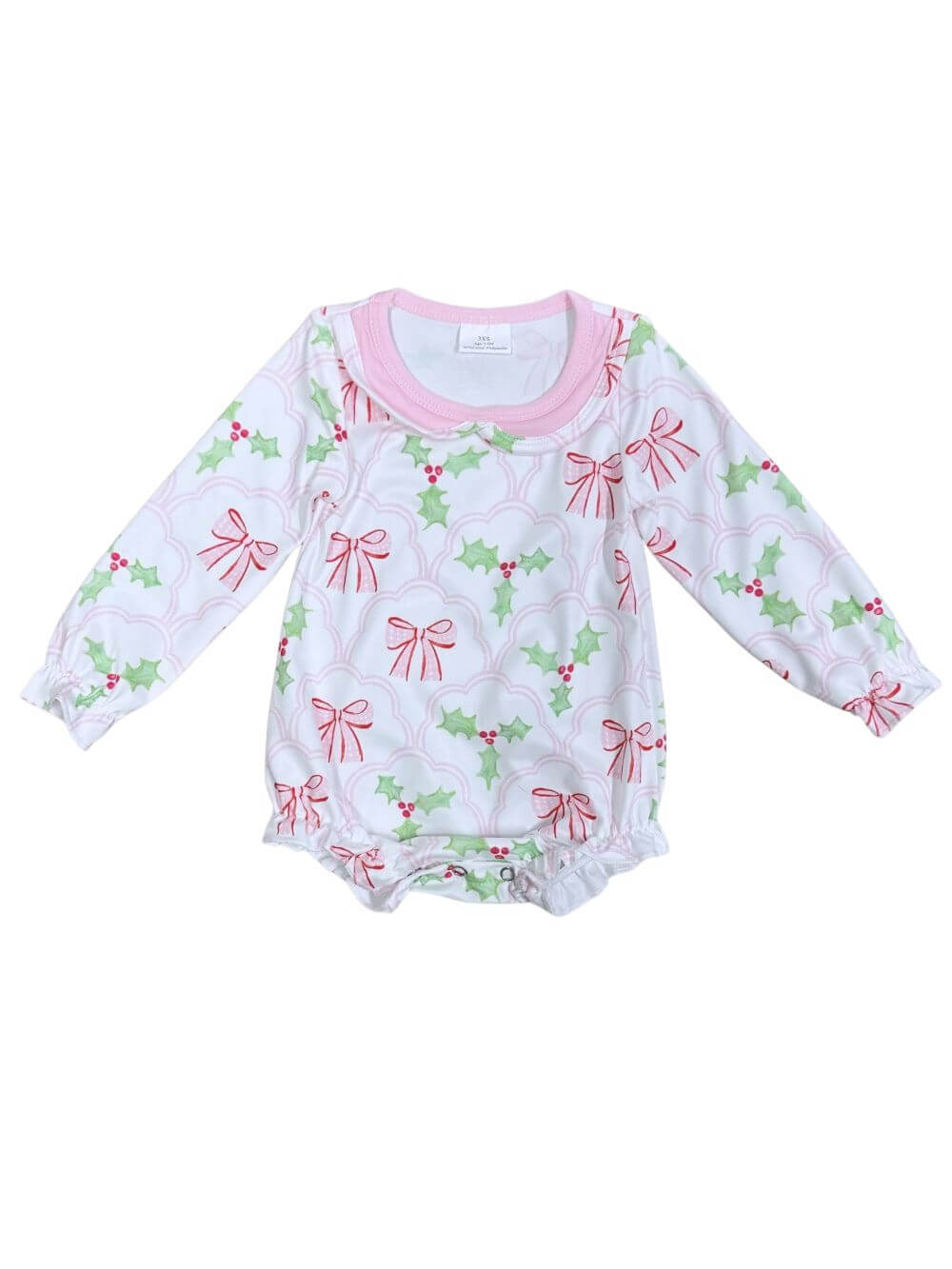 Pink Holly Bows Girls Christmas Baby Bubble Romper - Sydney So Sweet