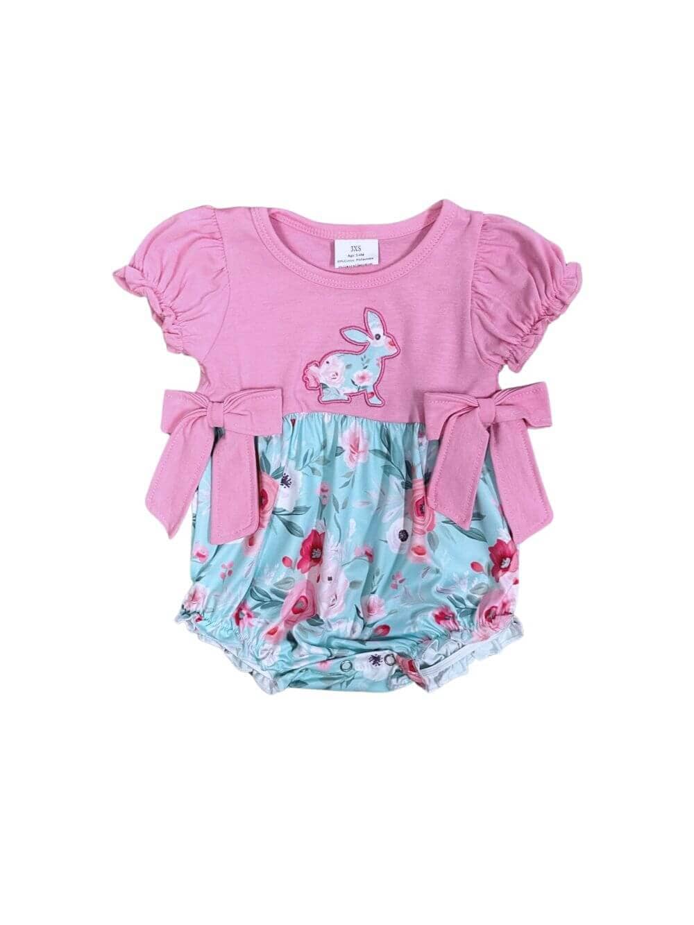 Pink Puff Sleeve Bunny Floral Girls Baby Bubble Romper - Sydney So Sweet