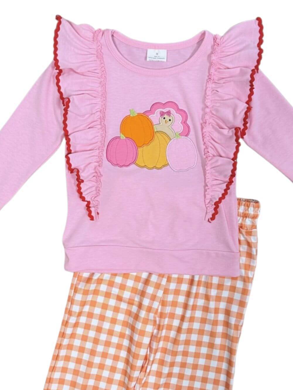 Pink Ruffle Pumpkin Girls Gingham Pants Outfit - Sydney So Sweet
