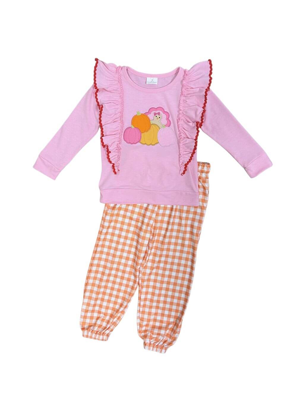 Pink Ruffle Pumpkin Girls Gingham Pants Outfit - Sydney So Sweet