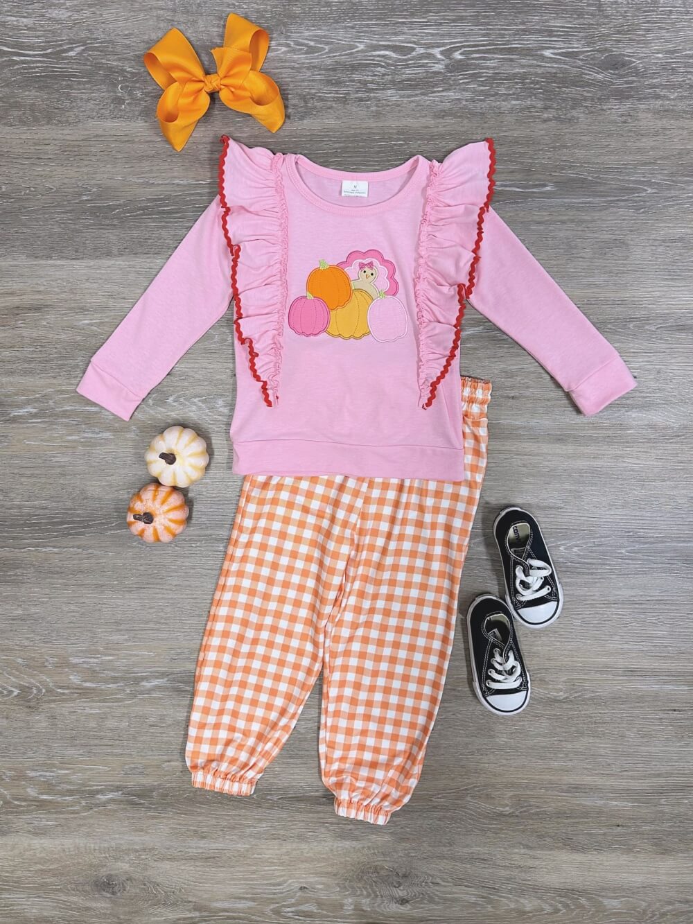 Pink Ruffle Pumpkin Girls Gingham Pants Outfit - Sydney So Sweet