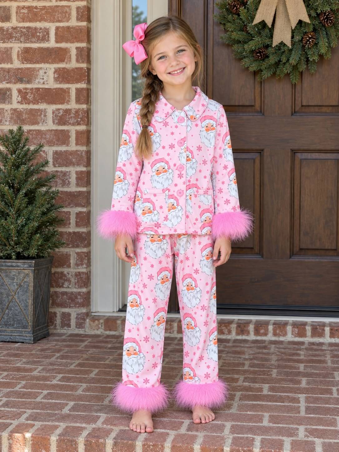 Pink Santa Girls Faux Fur Trim Lounge Set