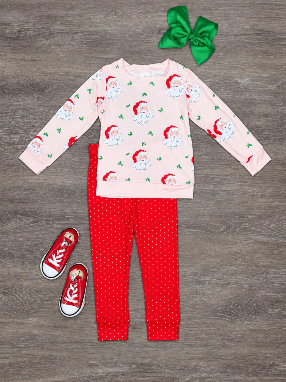 Pink Santa Holly Girls Christmas Polka Dots Outfit