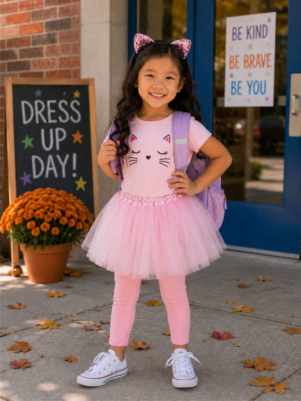 Girls Pink Cat Costume - Complete Kids Costume Set with Tutu & Flip Sequin Cat Ears Headband