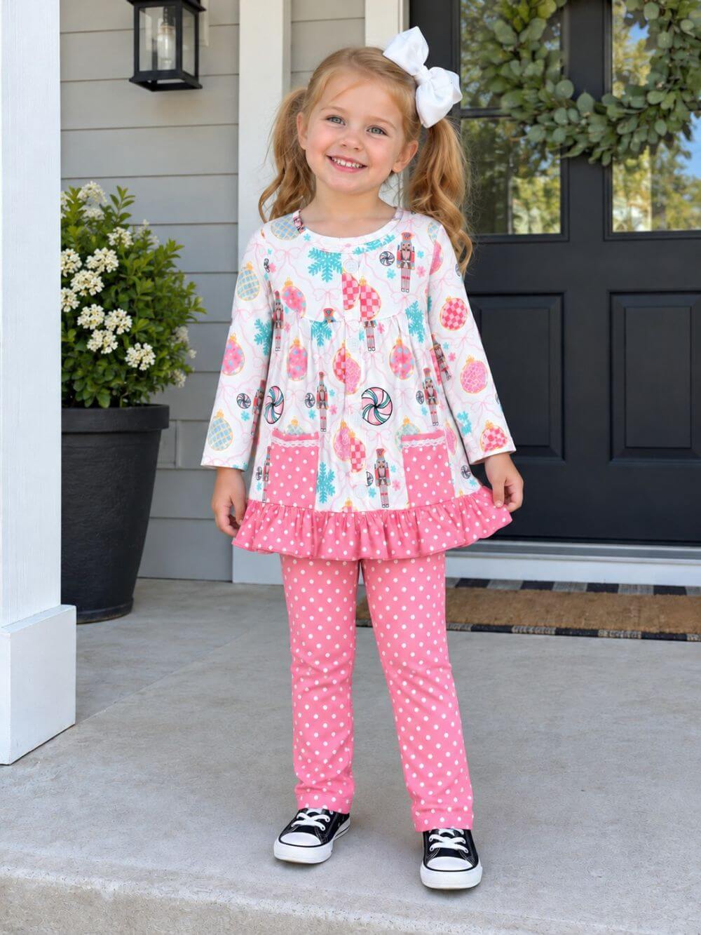 Pink Nutcracker Girls Ruffle Tunic & Polka Dot Pants Outfit