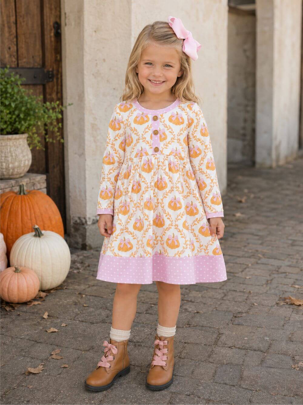 Pink Polka Dot Pumpkin Patch Girls Dress