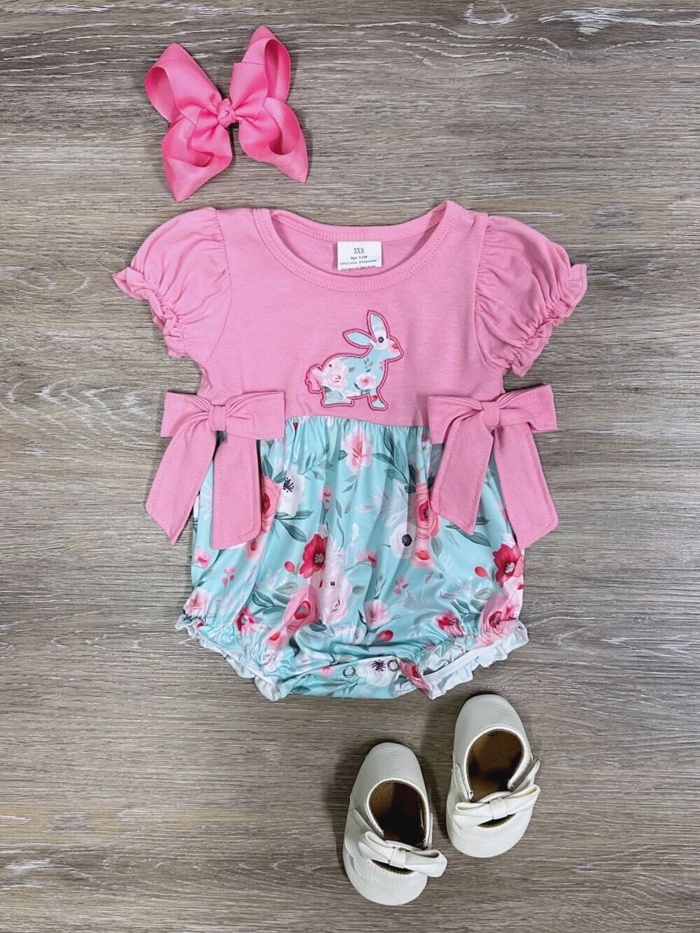 Pink Puff Sleeve Bunny Floral Girls Baby Bubble Romper - Sydney So Sweet