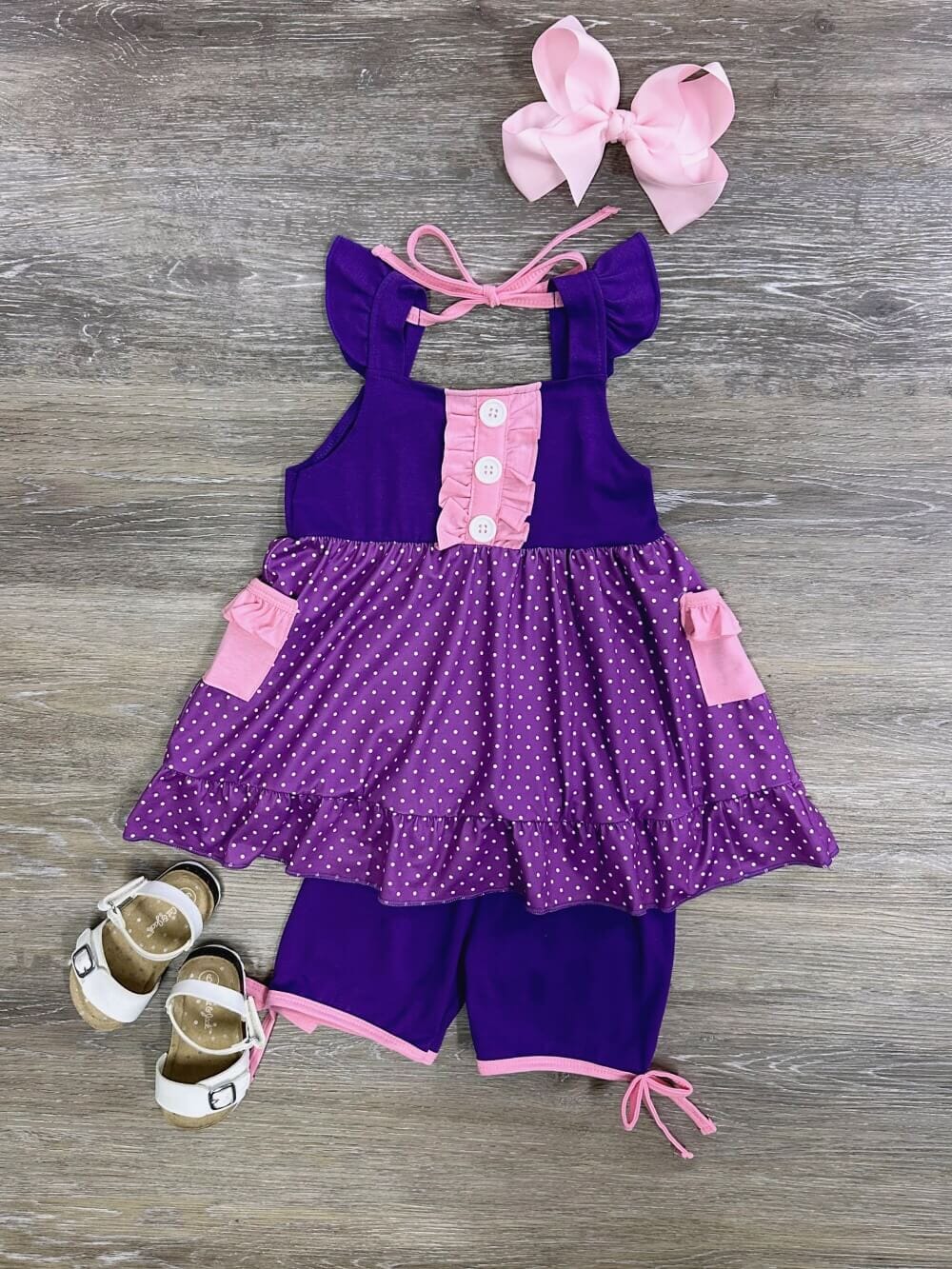 Pink &amp; Purple Princess Flutter Sleeve Tunic Girls Shorts Outfit - Sydney So Sweet