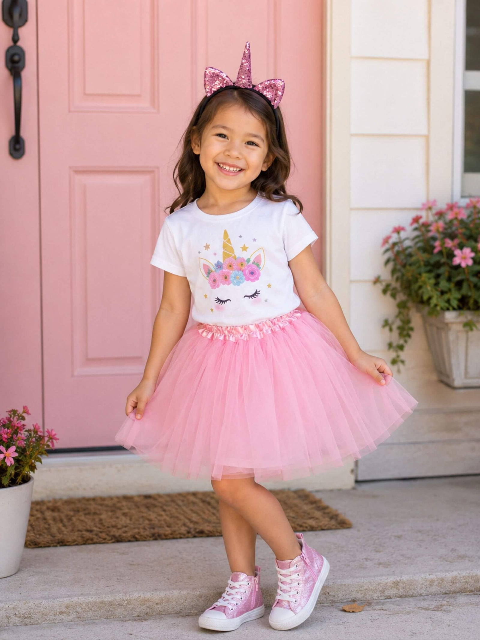 Girls Pink Unicorn Costume - Complete Kids Costume Set with Tutu & Flip Sequin Unicorn Headband Horn