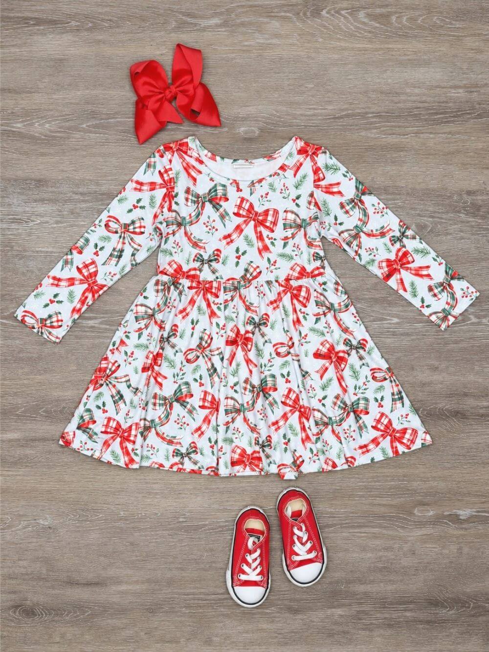 Plaids Bow & Holly Girls Christmas Skater Dress