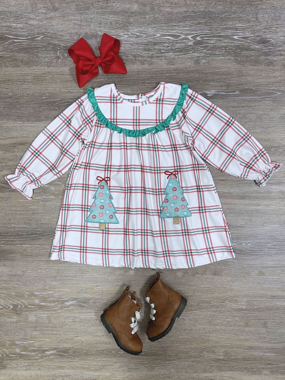 Plaid Perfect Ruffle Trim Girls Christmas Tree Dress - Sydney So Sweet