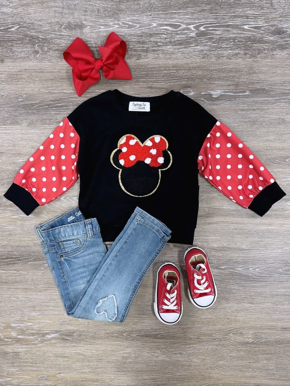 Polka Dot Bow Mouse Girls Toddler Red &amp; Black Chenille Patch Pullover Long Sleeve Top - Sydney So Sweet