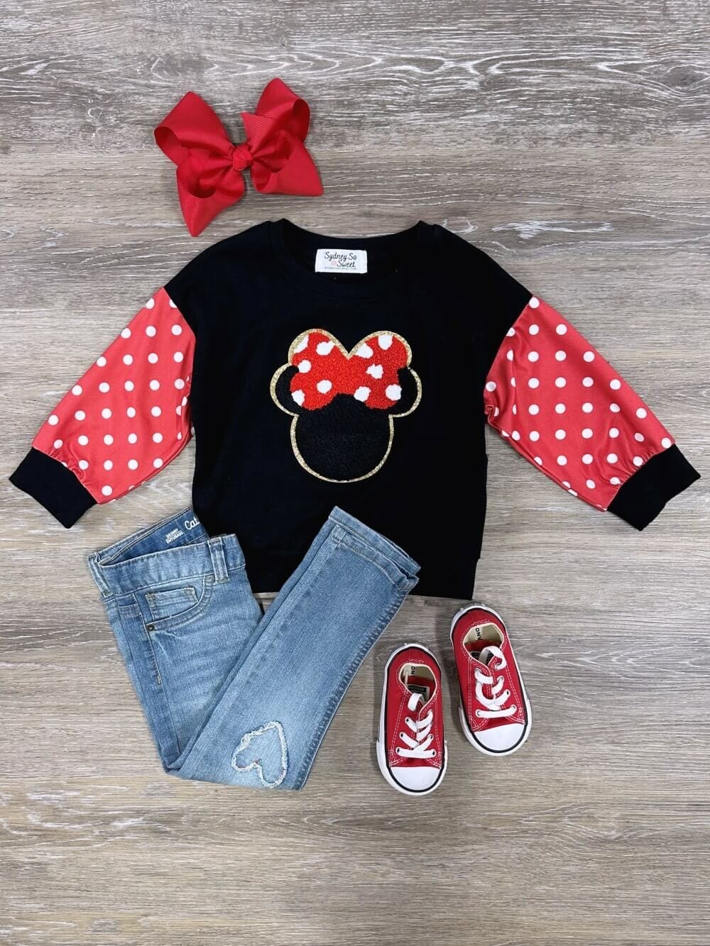 Polka Dot Bow Mouse Girls Red & Black Chenille Patch Pullover Top - Sydney So Sweet