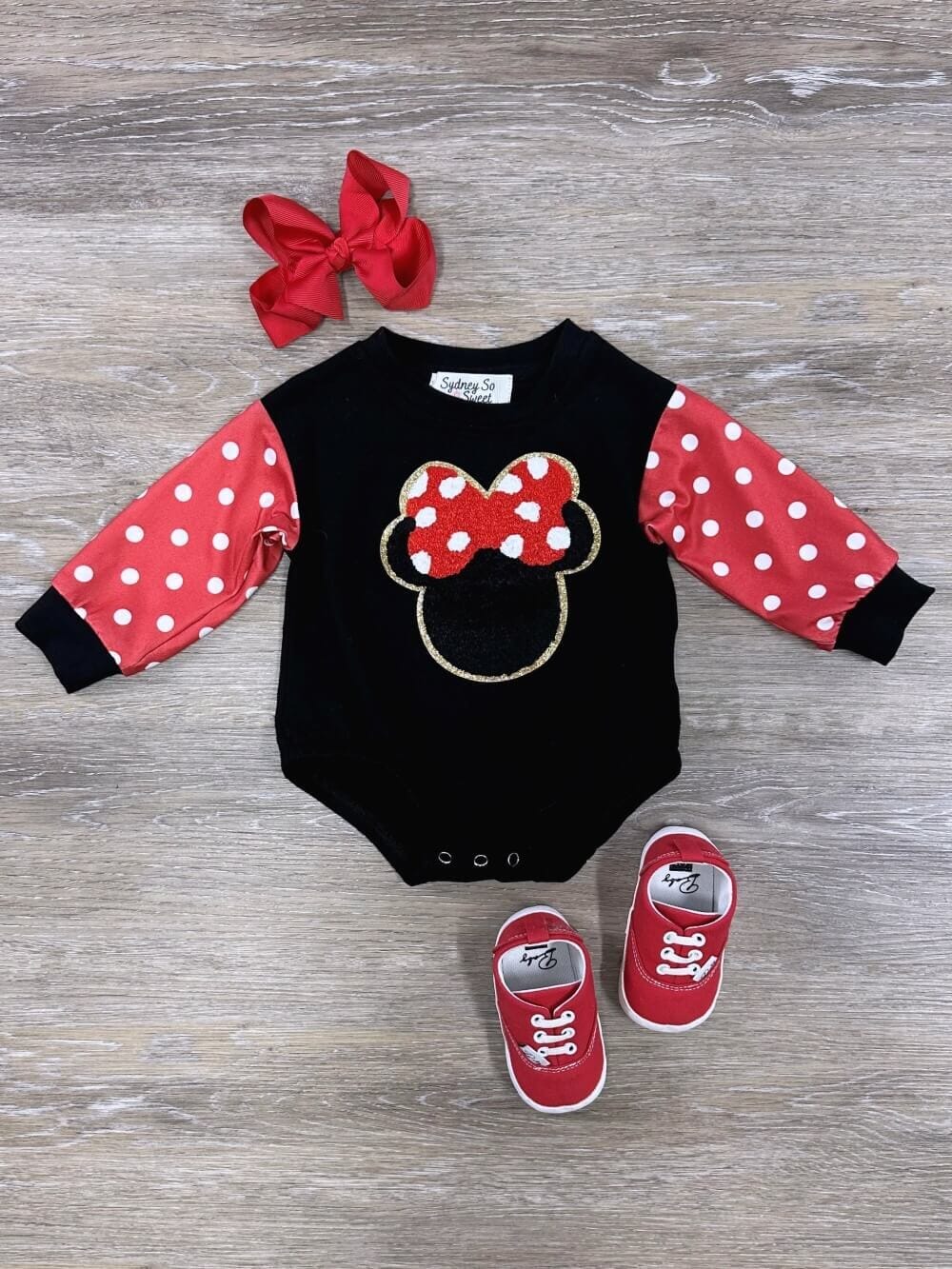 Polka Dot Bow Mouse Red &amp; Black Chenille Patch Baby Girls Romper - Sydney So Sweet