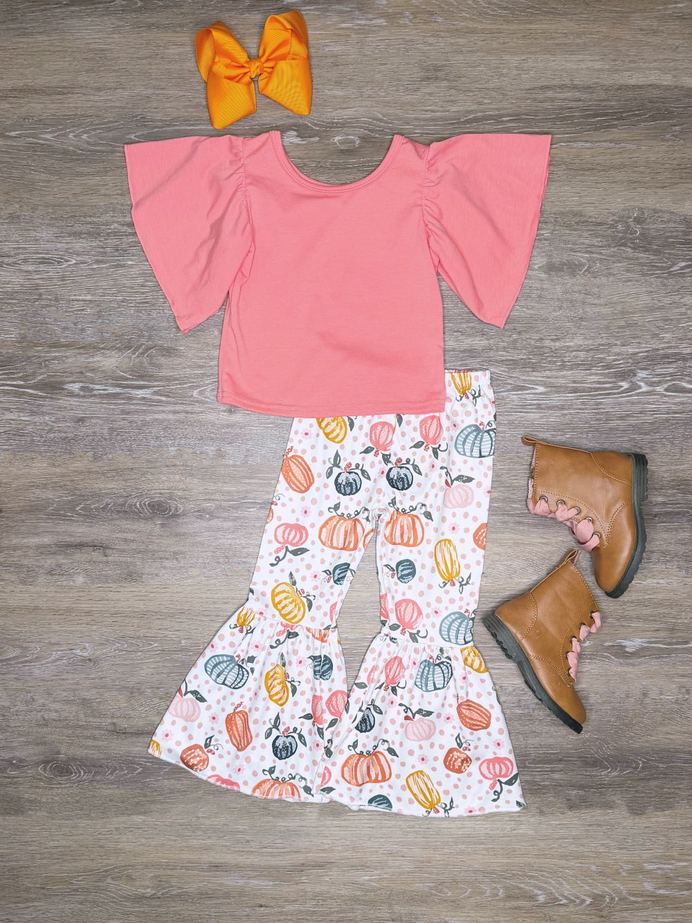 Polka Dot Pumpkin Flutter Sleeve Girls Bell Bottom Outfit