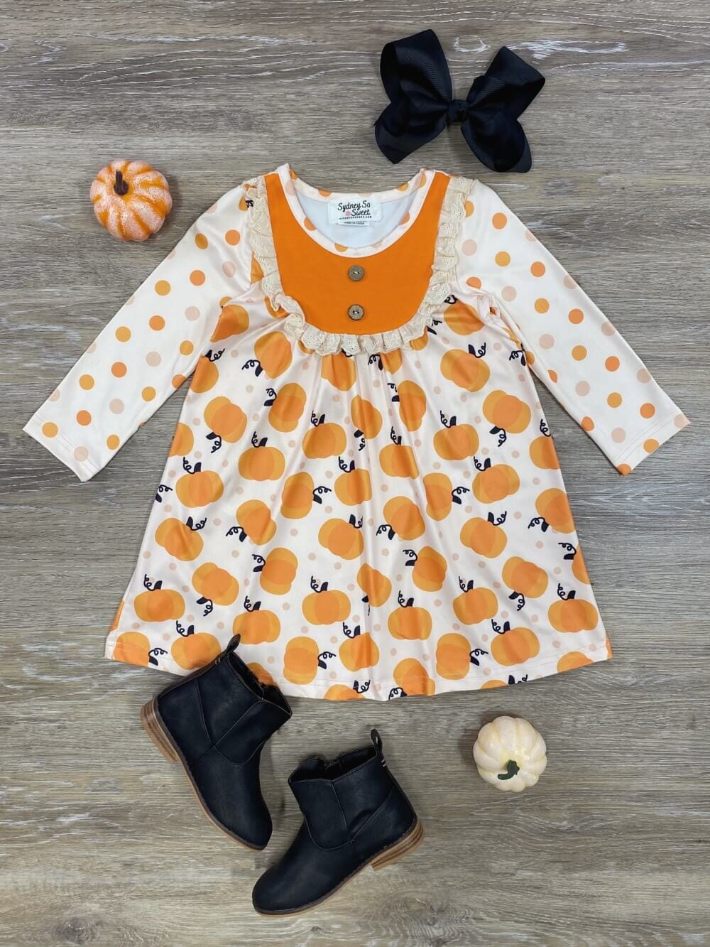 Polka Pumpkin Girls Long Sleeve Dress - Sydney So Sweet